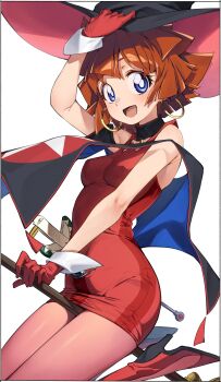 Rule 34 | 1girl, absurdres, black hat, blue eyes, breasts, broom, broom riding, brown hair, cowboy shot, dress, earrings, gloves, hat, highres, hoop earrings, jewelry, kei (soundcross), long hair, magical girl, mahou tsukai tai!, medium breasts, pantyhose, pencil dress, pink pantyhose, red dress, red gloves, sawanoguchi sae, scabbard, sheath, short hair, simple background, sitting, smile, solo, white background, witch hat