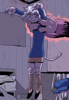 1boy :3 animal_ears cat_boy cat_ears cat_tail highres holding hunter_x_hunter longcat_(meme) meme neferpitou psicochurroz puppet_strings red_eyes silver_hair tail