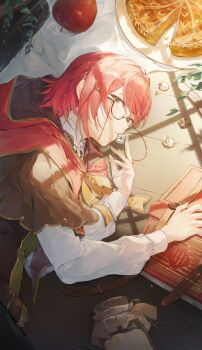 1boy absurdres apple book chap_sal_! cloak commentary food from_side fruit glasses hanasaki_miyabi hanasaki_miyabi_(5th_costume) highres holostars hood hooded_cloak looking_at_viewer pie plate apple red_cloak red_hair short_hair solo sunlight symbol-only_commentary upper_body virtual_youtuber window yellow_eyes