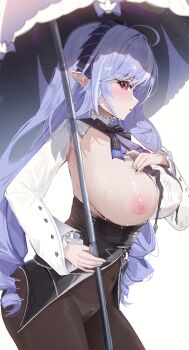 1girl absurdres ahoge black_dress black_pantyhose breasts cleft_of_venus commentary covered_pussy crotchless crotchless_panties dress english_commentary highres holding holding_umbrella large_breasts long_hair making-of_available nipples one_breast_out panties panties_under_pantyhose pantyhose pascalza123 pointy_ears purple_eyes purple_hair pussy pussy_cutout see-through_clothes see-through_pantyhose simple_background solo sweat umbrella underwear vivian_banshee wet white_background zenless_zone_zero