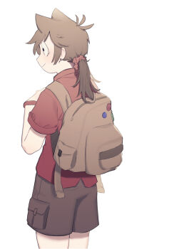 Rule 34 | 1girl, akt xp, alternate hairstyle, animification, antenna hair, backpack, badge, bag, black eyes, blush, brown bag, brown hair, brown shorts, button badge, collared shirt, commentary request, cowboy shot, eddsworld, from behind, hair ears, hair ornament, hair scrunchie, highres, long hair, low ponytail, official alternate costume, ponytail, profile, red shirt, scrunchie, shirt, short sleeves, shorts, simple background, smile, solo, standing, tori (eddsworld), white background, wristband