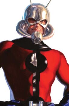 1boy absurdres alex_ross ant-man ant-man_(series) antennae avengers_(series) black_gloves blue_eyes bodysuit comic_cover cover cover_page fake_antennae gloves grey_helmet hands_on_own_hips hank_pym helmet highres looking_at_viewer male_focus marvel muscular muscular_male official_art realistic red_bodysuit solo superhero_costume upper_body western_comics_(style) white_background