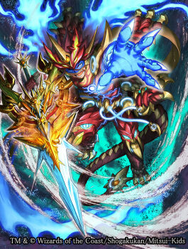 1boy armlet armor assault_visor blue_visor brown_hair claws commentary_request copyright_notice dragon_boy dragon_tail duel_masters fangs fiery_hair glenmalt_(duel_masters) glowing glowing_hand gold_armlet hair_between_eyes holding holding_sword holding_weapon huge_weapon jewelry multicolored_armor murakami_hisashi official_art open_mouth reaching reaching_towards_viewer red_armor solo sword tail teeth vambraces weapon