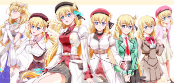 6+girls age_regression aged_down agnes_claudel aramis_high_school_uniform arms_behind_back artist_name bag beret black_hat blonde_hair blue_eyes bob_cut bolo_tie boots border bow bowtie braid breasts bun_with_braided_base closed_mouth coat cropped_jacket double-parted_bangs dress eiyuu_densetsu elbow_gloves floating_hair gloves hair_between_eyes hair_bun handbag hat high_heels highres jacket jewelry kai_no_kiseki kuro_no_kiseki kuro_no_kiseki_(series) kuro_no_kiseki_i kuro_no_kiseki_ii large_breasts laurel_crown long_hair long_sleeves looking_at_viewer low-tied_long_hair multiple_girls necktie open_mouth orange_border pendant pink_hat pink_shirt plaid_clothes plaid_skirt praying puffy_long_sleeves puffy_sleeves red_bow red_bowtie red_hat red_necktie school_uniform shirt shoes short_hair simple_background single_hair_bun single_side_bun skirt smile socks solo thighhighs traditional_bowtie upper_body very_long_hair white_background white_dress white_gloves xiacheng_tatsuya