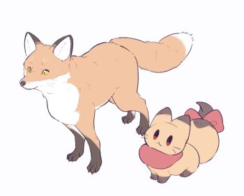 :< animal animal_focus bow chibi closed_mouth fox full_body no_humans original red_bow red_eyes simple_background suzuno_(suzuno3110) tail tail_bow tail_ornament whiskers white_background yellow_eyes