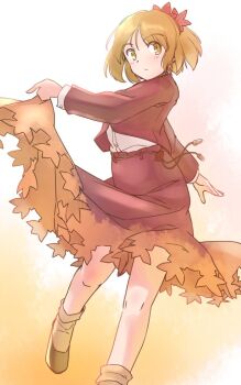 1girl :/ acorn aki_shizuha blonde_hair brown_shoes brown_socks buttons commentary_request foot_out_of_frame hair_ornament jacket knees leaf_hair_ornament light_blush long_sleeves one-hour_drawing_challenge orange_background rangycrow red_jacket red_skirt shirt shoes sideways_glance skirt skirt_hold socks solo string_belt touhou twisted_torso white_shirt yellow_eyes