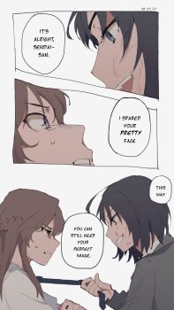 2girls black_hair brown_hair clothes_grab commentary crying crying_with_eyes_open dirty dirty_face english_commentary english_text givvhvh grey_jacket highres jacket long_hair miyagi_shiori multiple_girls necktie necktie_grab neckwear_grab open_mouth sendai_hazuki short_hair shuuniichido_classmate_wo_kau_hanashi sweatdrop tears zenbu_kowashite_jigoku_de_aishite