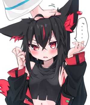 absurdres ahoge animal_ear_fluff animal_ears bare_shoulders black_hair black_jacket black_tail braid crop_top crossed_bangs double-parted_bangs extra_ears fox_ears fox_girl fox_tail headpat highres hololive jacket kurokami_fubuki long_hair low-tied_long_hair multicolored_hair multicolored_tail navel red_eyes red_hair shirakami_fubuki side_braid sidelocks simple_background single_braid streaked_hair tail tensann3 virtual_youtuber white_background
