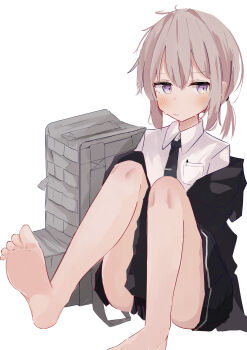 1girl absurdres averting_eyes backpack bag barefoot between_legs black_gloves black_jacket black_necktie black_skirt blush breast_pocket collared_shirt commentary_request covering_privates double-parted_bangs full_body girls'_frontline gloves grey_bag grey_hair hair_between_eyes hand_between_legs highres hood hood_down hooded_jacket ichiha_(ichi_u2) jacket knees_up legs long_hair low_ponytail m200_(girls'_frontline) messy_hair necktie off_shoulder open_clothes open_jacket pleated_skirt pocket ponytail purple_eyes shirt sidelocks simple_background sitting skirt solo sweat tie_clip unworn_backpack unworn_bag white_background white_shirt