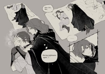 2girls agong amputee bed cape cloak elden_ring english_text facial_tattoo fromsoftware hood hooded_cape hooded_cloak knife looking_at_another lying melina_(elden_ring) millicent_(elden_ring) multiple_girls namco on_side one-eyed one_eye_closed pillow scar sleeping tattoo weapon yuri