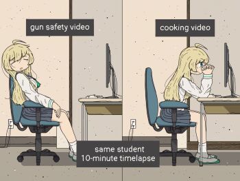 1girl blonde_hair chair closed_eyes commentary computer_keyboard computer_mouse english_commentary english_text grey_skirt highres long_hair meme monitor office_chair open_mouth own_hands_clasped own_hands_together parisetya pleated_skirt sailor same_student_timelapse_(meme) shoes shoujo_shuumatsu_ryokou skirt sleeping smile socks swivel_chair wheel white_socks yuuri_(shoujo_shuumatsu_ryokou)