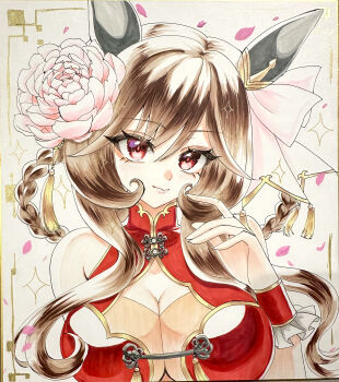 1girl absurdres animal_ears bare_shoulders braid braided_hair_rings breasts brown_hair china_dress chinese_clothes cleavage dress ear_covers flower gentildonna_(umamusume) hair_between_eyes hair_flower hair_ornament hair_rings highres horse_ears horse_girl large_breasts long_hair looking_at_viewer petals photo_(medium) red_dress red_eyes setsuna_rio sleeveless sleeveless_dress solo traditional_media umamusume upper_body