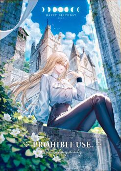 1girl blonde_hair blue_sky boots breasts building character_request church cloud cloudy_sky copyright_request day feet_out_of_frame flower large_breasts light_blush long_hair moon moon_cycle plant raindrop.tw rock sitting sky yellow_eyes