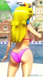 1girl 3d animated ass ball beach beachball bikini blonde_hair blue_eyes bouncing breasts cleavage food highres huge_ass ice_cream jiggle large_breasts legs lipstick long_hair lowres makeup mario_(series) mikumikudance_(medium) multiple_views navel nintendo ocean open_mouth pink_bikini ponytail princess princess_peach super_mario_sunshine swimsuit tagme thighs turnaround video virtuablueam2 water