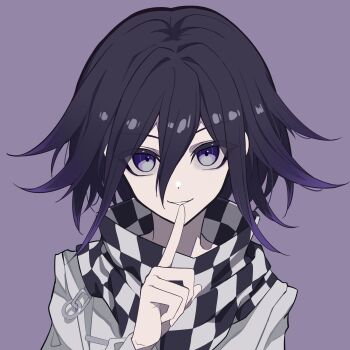 1boy absurdres black_hair checkered_clothes checkered_scarf colored_tips commentary danganronpa_(series) danganronpa_v3:_killing_harmony finger_to_mouth flipped_hair hair_between_eyes highres index_finger_raised jiabingkele long_sleeves looking_at_viewer male_focus multicolored_hair oma_kokichi portrait purple_background purple_eyes purple_hair purple_theme scarf short_hair simple_background smile solo two-tone_scarf