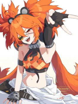 1girl ahoge animal_ears arm_up armpits bare_shoulders bear_ears black_gloves breasts crop_top eyepatch fake_animal_ears fingerless_gloves gloves hair_between_eyes hair_ornament highres koleda_belobog long_hair looking_at_viewer navel open_mouth pants red_eyes red_hair simple_background solo sphere_hair_ornament twintails uixy v white_background zenless_zone_zero