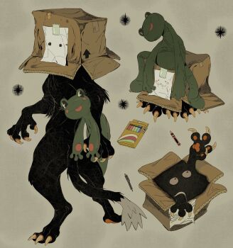 black_cat black_fur box cardboard_box cat commentary crayon creature english_commentary highres horror_(theme) mechanical_pencil monster no_humans original paper pencil sorochii star_(symbol) stuffed_animal stuffed_toy