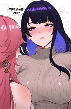 2girls absurdres alternate_costume animal_ears arnkun bare_shoulders blue_hair breasts colored_inner_hair commentary earrings english_commentary english_text eyeshadow fox_ears fox_girl gem genshin_impact gold_earrings grey_sweater half-closed_eyes highres jewelry large_breasts long_hair long_sleeves looking_at_another makeup mole mole_under_eye multicolored_hair multiple_girls nervous pink_hair pink_lips purple_eyes purple_gemstone purple_hair raiden_shogun red_eyeshadow shirt simple_background single_sidelock sleeveless sleeveless_shirt speech_bubble sweat sweater teeth turtleneck turtleneck_shirt turtleneck_sweater upper_body white_background white_shirt yae_miko