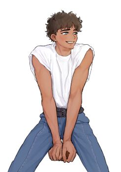 1boy black_hair blue_eyes blush cowboy_shot curly_hair dark-skinned_male dark_skin denim dungeon_meshi highres jeans kabru male_focus mchi125 open_mouth pants shirt short_hair short_sleeves simple_background smile solo white_background white_shirt