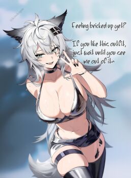 1girl animal_ear_fluff animal_ears arknights black_bra black_shorts black_thighhighs bra breasts cleavage commentary english_commentary english_text grey_eyes grey_hair grey_tail highres konekogou lappland_(arknights) latex latex_bra navel scar scar_across_eye scar_on_face short_shorts shorts smile solo tail teeth thick_thighs thigh_strap thighhighs thighs twitter_username underwear wolf_ears wolf_girl wolf_tail