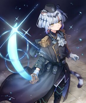 1girl animal_ear_fluff animal_ears ascot belt belt_buckle belt_pouch black_jacket breasts buckle commentary_request earrings epaulettes from_above gildaria_(shadowverse) gloves glowing glowing_sword glowing_weapon hat highres holding holding_sword holding_weapon jacket jewelry katana lapels looking_at_viewer maru_illust_09 medium_breasts military_jacket pavement pillbox_hat pouch shadowverse shadowverse:_worlds_beyond short_hair simple_background single_earring solo standing striped_tail sword tail tiger_ears tiger_girl tiger_tail tsuba_(guard) weapon white_ascot white_gloves white_hair yellow_eyes