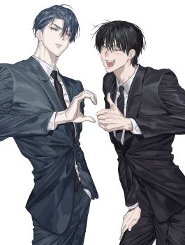 2boys absurdres black_hair black_jacket black_necktie black_pants black_suit blue_hair blush chamuring collared_shirt commentary_request formal_clothes grey_eyes grey_suit han_maru hand_in_pocket heart_hands_failure highres jacket korean_commentary looking_at_another looking_at_viewer male_focus multiple_boys necktie official_art one_eye_closed open_mouth pants seon-woo_eden shirt short_hair simple_background special_civil_servant suit thumbs_up white_background white_shirt