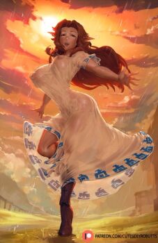1girl boots breasts cutesexyrobutts dancing dress malon nintendo nipples pointy_ears rain red_hair see-through_clothes solo the_legend_of_zelda the_legend_of_zelda:_ocarina_of_time wet wet_clothes