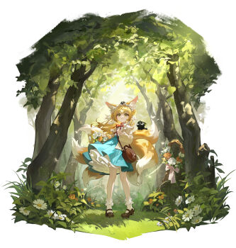 1girl absurdres animal_ear_fluff animal_ears animal_on_tail arknights bag basket black_cat blonde_hair blue_skirt bobby_socks brown_bag brown_shoes cardigan cat collared_shirt colored_tips flower forest fox_ears fox_girl fox_tail full_body green_eyes grey_cardigan heixiu highres holding holding_basket kitsune kyuubi long_hair long_sleeves luo_xiaohei luo_xiaohei_(cat) luo_xiaohei_zhanji mary_janes multicolored_hair multiple_tails nature neck_ribbon official_alternate_costume open_cardigan open_clothes outdoors parted_lips puffy_long_sleeves puffy_sleeves red_ribbon ribbon round_bag shirt shoes shoulder_bag skirt socks solo standing suzuran_(arknights) suzuran_(spring_praise)_(arknights) tail two-tone_hair white_hair white_shirt white_socks yi_buzi_shuile_jintian_bu_hua