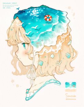 1girl blonde_hair blue_bonnet blue_eyes blue_shirt blush bonnet chin_strap closed_mouth commentary_request cropped_shoulders from_side highres lifebuoy ocean original profile shiraho_(color-56) shirt short_hair simple_background simple_bird solo swim_ring watermark whale white_background