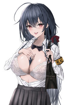 00zanpan00 1girl absurdres ahoge armband azur_lane bag between_breasts black_bow black_bowtie black_hair bow bowtie bra breasts cleavage crossed_bangs glasses hair_ribbon highres huge_ahoge huge_breasts lace lace-trimmed_bra lace_trim long_hair looking_at_viewer loose_bowtie official_alternate_costume open_clothes open_shirt phone red_eyes ribbon round_eyewear shirt_tucked_in shoulder_bag solo taihou_(azur_lane) taihou_(sweet_time_after_school)_(azur_lane) tongue tongue_out underwear white_bra yellow_armband