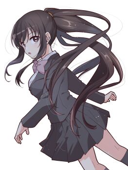 1girl absurdres black_jacket black_skirt black_socks blazer bow bowtie breasts brown_eyes brown_hair collared_shirt commentary_request highres jacket kneehighs kouyouen_academy_school_uniform long_hair medium_breasts official_alternate_costume official_alternate_hair_length official_alternate_hairstyle ponytail purple_bow purple_bowtie school_uniform shirt simple_background skirt socks solo suzumiya_haruhi suzumiya_haruhi_no_shoushitsu suzumiya_haruhi_no_yuuutsu taiki_(6240taiki) very_long_hair white_background white_shirt winter_uniform