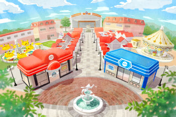 artist_request blue_sky building carousel cloud commentary_request day eevee flareon fountain gen_1_pokemon gen_7_pokemon highres jolteon lamppost leaf legendary_pokemon nintendo no_humans official_art outdoors pikachu poke_ball_symbol poke_mart pokemon pokemon_center pokemon_gym primarina scenery second-party_source sky statue tree vaporeon zapdos