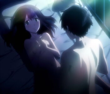 1boy 1girl bed_sheet big_order blush brown_hair censored completely_nude covering_breasts covering_privates dutch_angle green_eyes hair_bobbles hair_ornament hands_on_own_chest highres hoshimiya_eiji hoshimiya_sena light_smile long_hair looking_at_another low_twintails lying night non-web_source nude official_art on_back on_bed pillow presenting straddling twintails