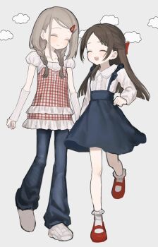 2girls blush bobby_socks braid brown_hair closed_eyes denim full_body gakuen_idolmaster grey_hair highres idolmaster kakuzatou_(sugar_xouox) kuramoto_china mary_janes multiple_girls open_mouth shinosawa_hiro shoes skirt smile socks twin_braids