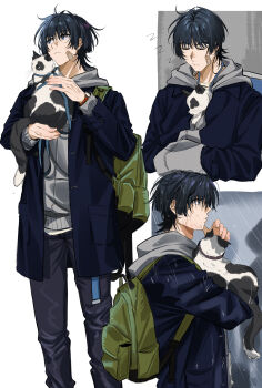 1boy absurdres alternate_body_size alternate_costume animal backpack bag bandaid bandaid_on_cheek bandaid_on_face black_hair black_pants blue_eyes blue_jacket blue_sleeves blunt_ends casual cat choppy_bangs closed_eyes closed_mouth commentary contemporary dintoge earrings facing_down genshin_impact green_bag grey_hood grey_hoodie grey_sleeves hands_in_pocket hands_up head_down highres holding holding_animal holding_cat hood hood_down hoodie jacket jacket_over_hoodie jewelry layered_sleeves long_sleeves looking_to_the_side male_focus multiple_views open_clothes open_jacket pants rain ribbed_sleeves scaramouche_(genshin_impact) sleeping solo symbol-only_commentary watch wet white_background wristwatch zzz