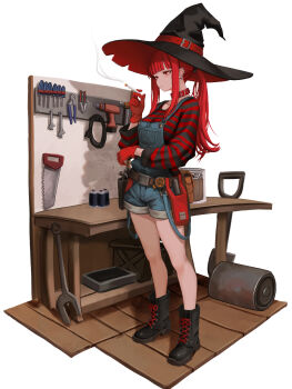 1girl animal_collar belt belt_pouch black_boots black_hat black_shirt boots breasts cigarette closed_mouth collar drill ear_piercing from_side full_body gloves hat hat_belt highres holding holding_cigarette lace-up_boots large_breasts large_hat looking_ahead original overalls piercing pliers ponytail pouch power_cord red_collar red_gloves red_hair red_shirt saw screwdriver shadow shirt shovel solo striped_clothes striped_shirt table tools val_(yan_kodiac) witch_hat wrench yan_kodiac