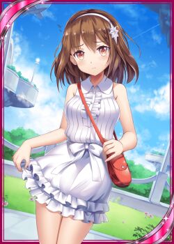 Rule 34 | 1girl, akkijin, bag, blue sky, brown eyes, brown hair, card (medium), day, dress, female focus, floating island, hair ornament, looking at viewer, official art, outdoors, pocketbook, ribbon, shinkai no valkyrie, short hair, sky, solo, star (symbol), white dress, white ribbon