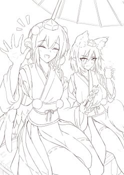 Rule 34 | 2girls, animal ears, bird wings, closed eyes, commentary request, cup, dango, detached sleeves, facing viewer, feathered wings, food, greyscale, hat, highres, holding, holding cup, holding skewer, inubashiri momiji, japanese clothes, kagami toufu, kimono, kourindou tengu costume, looking at viewer, monochrome, multiple girls, notice lines, obi, obijime, official alternate costume, open mouth, pelvic curtain, pointy ears, pom pom (clothes), ribbon-trimmed thighhighs, ribbon trim, sash, shameimaru aya, side slit, sitting, skewer, smile, sweatdrop, tail, thighhighs, tokin hat, touhou, wagashi, waving, wings, wolf ears, wolf girl, wolf tail, yunomi