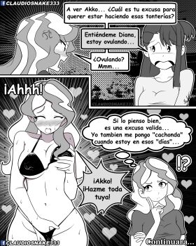 2girls absurdres anger_vein bikini black_bikini blush breasts claudiosnake333 diana_cavendish heart highres kagari_atsuko large_breasts little_witch_academia multicolored_hair multiple_girls shirt side_ponytail signature spanish_text speech_bubble swimsuit thought_bubble two-tone_hair