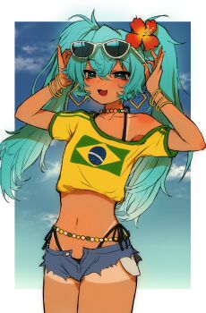 1girl :3 :d absurdres adjusting_eyewear aqua_eyes aqua_hair bead_choker beads belly_chain bikini bikini_tan bikini_under_clothes black_bikini blue_shorts blue_sky border bracelet brazilian_flag brazilian_flag_print brazilian_miku cloud collarbone commentary cowboy_shot crop_top cropped_shirt cutoffs dark-skinned_female dark_skin denim denim_shorts earrings english_commentary eyewear_on_head fang flag_print flat_chest flower gold_bracelet gold_earrings gradient_sky green_trim hair_between_eyes hair_flower hair_ornament halterneck hands_up hatsune_miku hibiscus highleg highleg_bikini highres hoop_earrings jewelry long_hair looking_at_viewer midriff multiple_bracelets narrowed_eyes navel necklace off_shoulder open_fly open_mouth outdoors outside_border red_flower shirt short_shorts shorts shorts_tan side-tie_bikini_bottom single_bare_shoulder sky slepp smile smug solo standing string_bikini string_of_pearls sunglasses swimsuit t-shirt tan tanline twintails vocaloid white-framed_eyewear white_border wind yellow_shirt