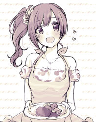 Rule 34 | 1girl, :d, apron, baran. (ba ra ran), blush, breasts, cleavage, collarbone, flower, flower necklace, food request, hair ornament, hair scrunchie, heart-shaped food, highres, holding, holding plate, idolmaster, idolmaster cinderella girls, igarashi kyoko, jewelry, lone nape hair, looking at viewer, necklace, off-shoulder shirt, off shoulder, open mouth, plate, scrunchie, shirt, side ponytail, smile, solo, striped background, swept bangs, white background