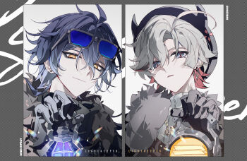 2boys black_gloves blue_hair closed_mouth crossed_bangs earrings eyewear_on_head flins_(genshin_impact) from_below fur_trim genshin_impact glasses gloves hashtag-only_commentary holding holding_lamp holding_lantern illuga_(genshin_impact) jewelry lamp lantern looking_at_viewer male_focus mole mole_under_eye multiple_boys open_mouth punch_(punchrecipe) scar scar_on_neck smile turtleneck yellow_eyes