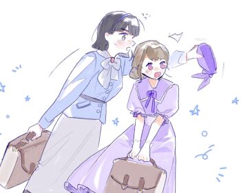 Rule 34 | 2girls, ^^^, black hair, blue shirt, blunt bangs, bow, bowtie, briefcase, brown hair, catching, commentary, cowboy shot, dress, facial scar, flipped hair, flying sweatdrops, green eyes, grey skirt, hat, highres, holding, holding briefcase, holding unworn clothes, holding unworn hat, kachimachi kosuzu, kachimachi kosuzu (kaiten no shasou), link! like! love live!, long sleeves, love live!, medium hair, momose ginko, momose ginko (kaiten no shasou), multiple girls, open mouth, pink eyes, pipi (m1x mix), profile, puffy short sleeves, puffy sleeves, purple dress, purple hat, scar, scar on cheek, scar on face, shirt, short hair, short sleeves, simple background, skirt, star (symbol), untranslatable commentary, unworn hat, unworn headwear, virtual youtuber, white background, white bow, white bowtie, wind