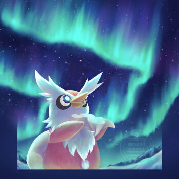 absurdres aurora bright_pupils commentary_request delibird fuju1012 gen_2_pokemon highres looking_up night nintendo no_humans open_mouth outdoors pokemon pokemon_(creature) pokemon_focus sky snow solo watermark white_pupils