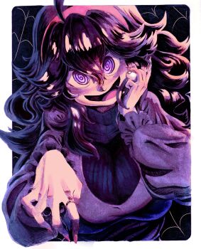 1girl @_@ absurdres ahoge alternate_breast_size_(larger) blush breasts hair_between_eyes hairband hex_maniac_(pokemon) hex_maniac_(pokemon_xy) highres holding holding_poke_ball jewelry large_breasts long_hair long_sleeves looking_at_viewer messy_hair nail_polish nintendo noskirr open_mouth poke_ball pokemon purple_eyes purple_hair purple_hairband red_nails ring smile solo spider_web_pattern