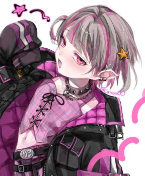 1girl arched_back belt belt_buckle black_belt black_collar black_jacket black_straps blunt_bangs blush buckle chain chain_necklace clothes_writing collar collarbone colored_inner_hair cowboy_shot crop_top cross-laced_clothes cross-laced_top cutesto0o dutch_angle ear_cuffs fang grey_hair hair_intakes hand_up highres jacket jewelry leg_tattoo looking_at_viewer loose_belt makaino_ririmu makaino_ririmu_(6th_costume) midriff miniskirt multicolored_hair multiple_belts navel necklace nijisanji no_headwear o-ring o-ring_thigh_strap open_clothes open_jacket open_mouth pendant pink_hair pink_jacket pink_skirt plaid_clothes plaid_skirt pleated_skirt pointy_ears red_eyes short_hair sideways_glance simple_background skirt sleeves_past_fingers sleeves_past_wrists smile solo spiked_collar spikes star_(symbol) streaked_hair tattoo thigh_strap twitter_username two-sided_fabric two-sided_jacket two_side_up unbuttoned unzipped virtual_youtuber white_background winged_heart winged_heart_tattoo wolf_cut zipper_top