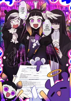 3girls absurdres black_dress black_hair black_robe black_veil blunt_bangs commentary crown dress english_commentary feathered_wings head_wings highres holding holding_paper hololive hololive_english juliet_sleeves long_hair long_sleeves looking_at_viewer mamaprofennn medium_hair multiple_girls ninomae_ina'nis nun open_mouth own_hands_clasped own_hands_together panicking paper pov puffy_sleeves purple_eyes purple_hair purple_hands robe tako_takover_(ninomae_ina'nis) takodachi_(ninomae_ina'nis) tentacle_hair veil virtual_youtuber white_dress white_wings wings