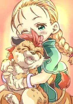 1girl aged_down belt bianca_(dq5) blonde_hair blue_eyes blush bracelet braid braided_ponytail capelet commentary_request dragon_quest dragon_quest_monsters_4 dragon_quest_v dress forehead gradient_background great_sabrecub green_capelet green_poncho hair_pulled_back jewelry long_hair naruse_yasuhiro one_eye_closed orange_dress ponytail upper_body