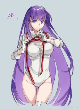 10s 1girl bad_id bad_twitter_id bb_(fate) bb_(fate/extra) character_name commentary_request covered_navel cowboy_shot cropped_legs fate/extra fate/extra_ccc fate/grand_order fate_(series) female_focus finger_to_mouth gloves high_collar leotard long_hair long_sleeves looking_at_viewer neck_ribbon parted_lips purple_eyes purple_hair red_ribbon ribbon shushing simple_background solo standing thigh_gap thighhighs toshio twitter_username untied white_gloves white_leotard