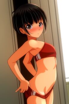 1girl absurdres black_buruma black_hair black_sports_bra blush breasts brown_eyes buruma closed_mouth commentary_request highres looking_at_viewer matsunaga_kouyou nose_blush original red_buruma short_hair small_breasts solo sports_bra